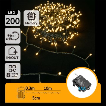 Aigostar - LED εξωτερική χριστουγεννιάτικη γιρλάντα 200xLED/8 λειτουργίες 3xAA 10,3m IP44 θερμό λευκό