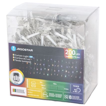 Aigostar - LED χριστουγεννιάτικη γιρλάντα εξωτερικού χώρου 200xLED/8 λειτουργίες 3xAA 13x0,4m IP44 πολύχρωμη
