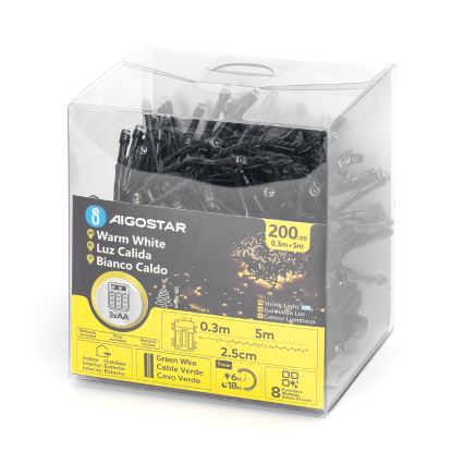 Aigostar - LED Εξωτερική χριστουγεννιάτικη γιρλάντα 200xLED/8 λειτουργίες 3xAA 5,3m IP44 θερμό λευκό
