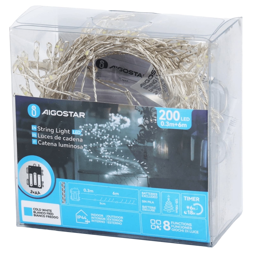 Aigostar - LED χριστουγεννιάτικη γιρλάντα για εξωτερικούς χώρους 200xLED/8 λειτουργιών 3xAA 6,3m IP44 ψυχρό λευκό