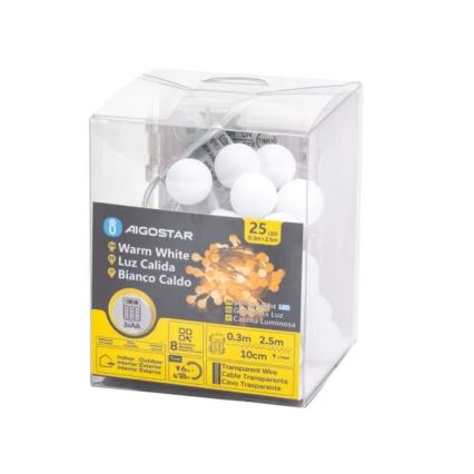 Aigostar-LED Εξωτερική χριστουγεννιάτικη γιρλάντα 25xLED/3xAA/8 λειτουργίες 2,8 m IP44 ζεστό λευκό