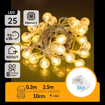 Aigostar - LED εξωτερική χριστουγεννιάτικη γιρλάντα 25xLED/3xAA/8 λειτουργίες 2,8 m IP44 θερμό λευκό