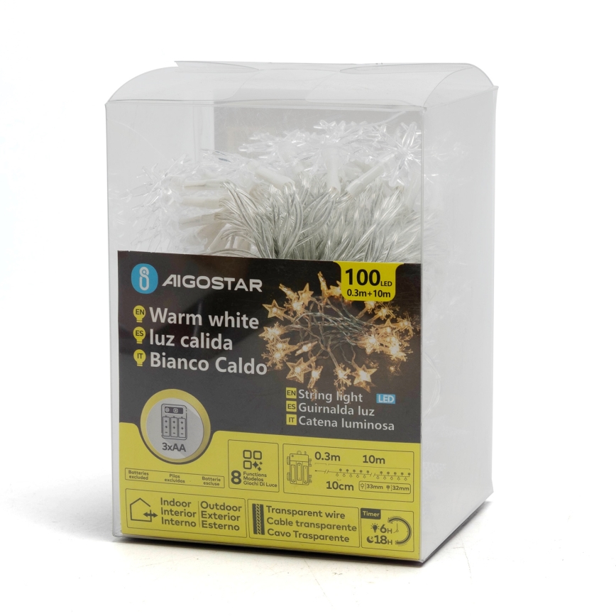 Aigostar - LED Εξωτερική χριστουγεννιάτικη γιρλάντα 25xLED/8 λειτουργίες 3xAA 2,5m IP44 θερμό λευκό αστέρια