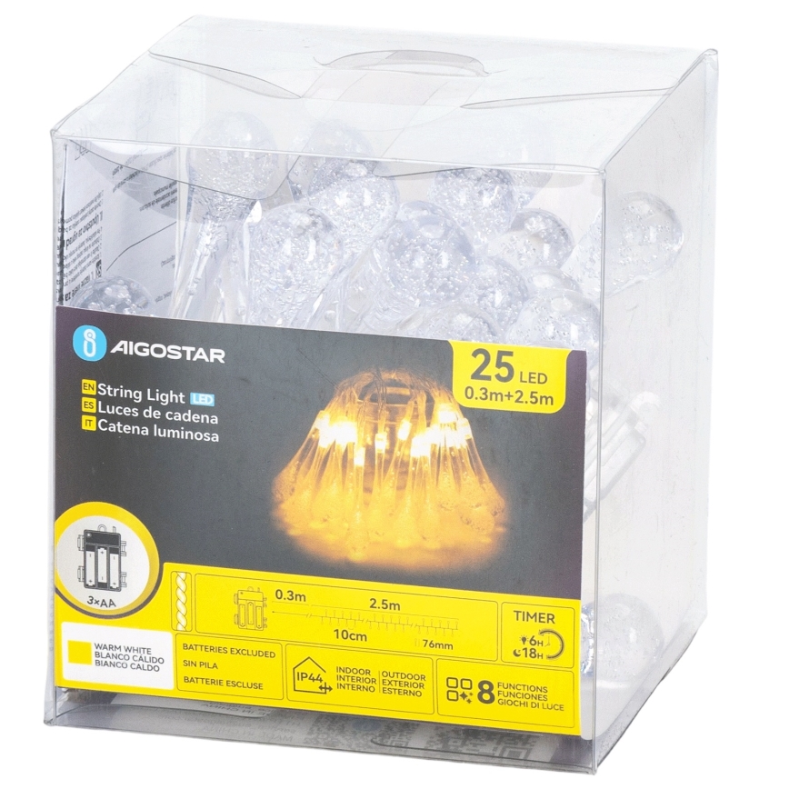 Aigostar - LED εξωτερική γιρλάντα 25xLED/8 λειτουργίες 3xAA 2,5 m IP44 θερμό λευκό σταγόνες