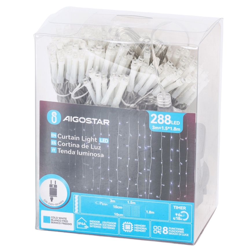 Aigostar - LED εξωτερική χριστουγεννιάτικη γιρλάντα 288xLED/8 λειτουργίες 1,5x1,8m IP44 ψυχρό λευκό