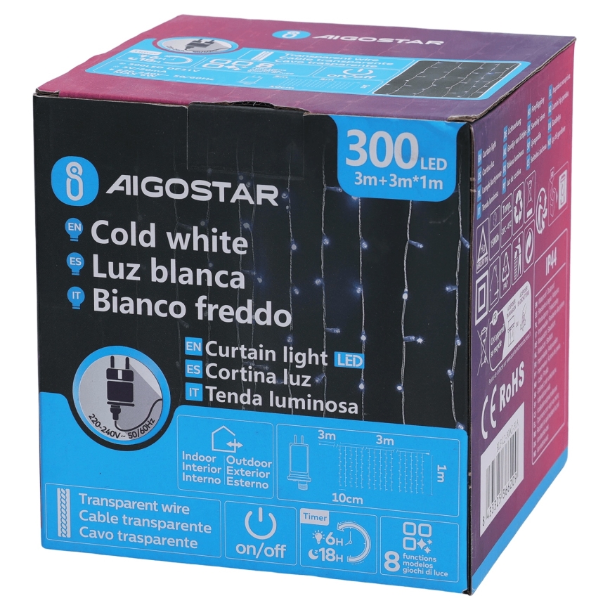 Aigostar - LED γιρλάντα εξωτερικού χώρου 300xLED/8 λειτουργίες 3x1m IP44 ψυχρό λευκό + τηλεχειριστήριο