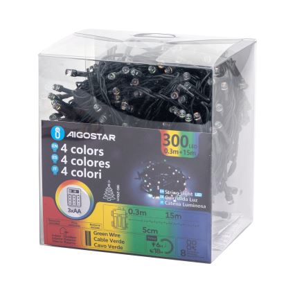 Aigostar -LED Εξωτερική Χριστουγεννιάτικη Γιρλάντα 300xLED/8 λειτουργίες 3xAA 15,3m IP44 πολύχρωμη