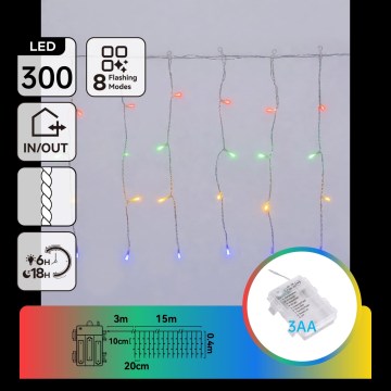 Aigostar - LED εξωτερική χριστουγεννιάτικη γιρλάντα 300xLED/8 λειτουργίες 3xAA 18x0,4m IP44 πολύχρωμη