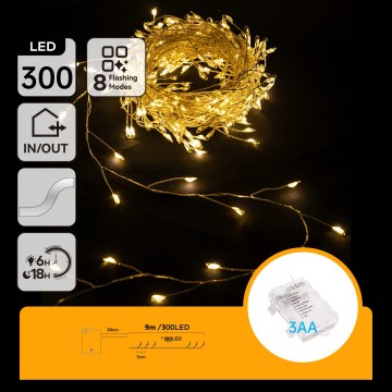 Aigostar - LED εξωτερική χριστουγεννιάτικη γιρλάντα 300xLED/8 λειτουργίες 3xAA 9,3m IP44 θερμό λευκό