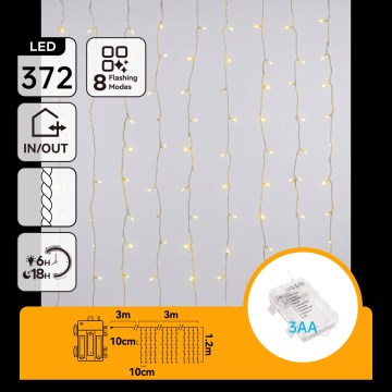 Aigostar - LED Εξωτερική χριστουγεννιάτικη γιρλάντα 372 LED / 8 λειτουργίες 3xAA 6x1,2m IP44 ζεστό λευκό