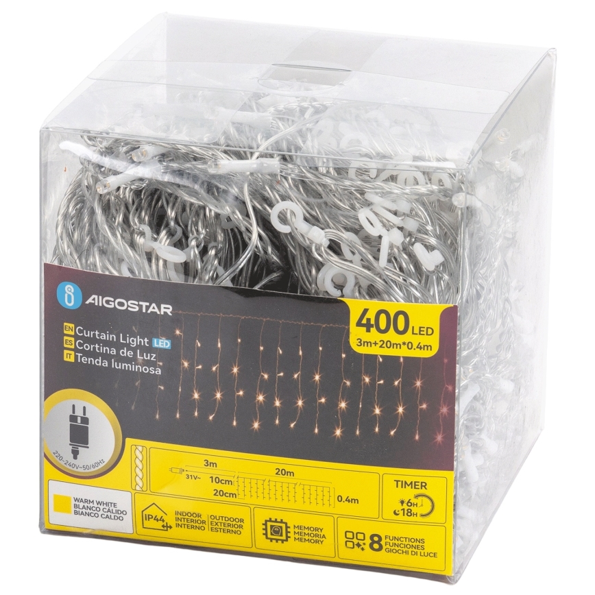 Aigostar - LED εξωτερική χριστουγεννιάτικη γιρλάντα 400xLED/8 λειτουργίες 20x0,4m IP44 ζεστό λευκό