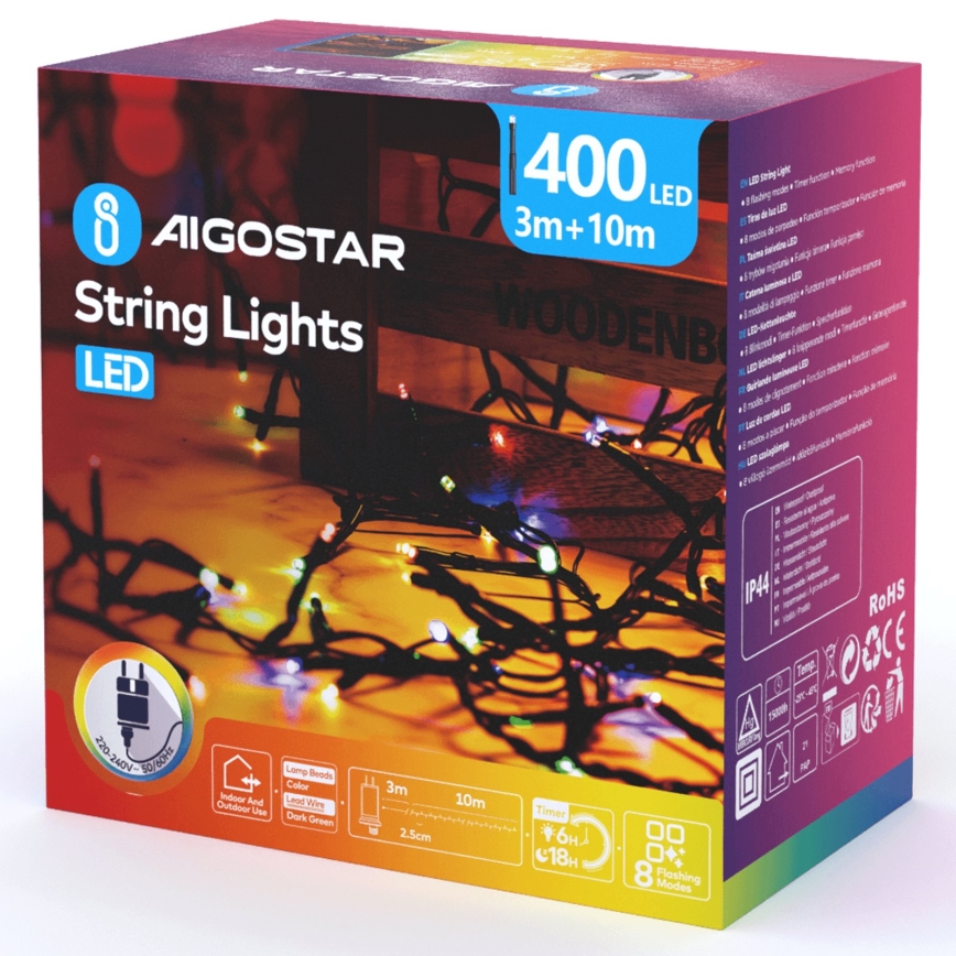 Aigostar - LED εξωτερική χριστουγεννιάτικη γιρλάντα 400xLED/8 λειτουργίες 13m IP44 πολύχρωμο