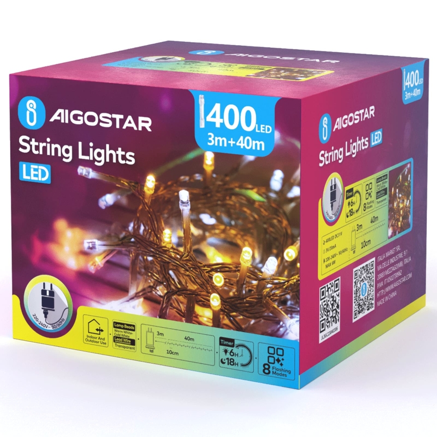 Aigostar - LED εξωτερική χριστουγεννιάτικη γιρλάντα 400xLED/8 λειτουργίες 43m IP44 θερμό λευκό/ψυχρό λευκό
