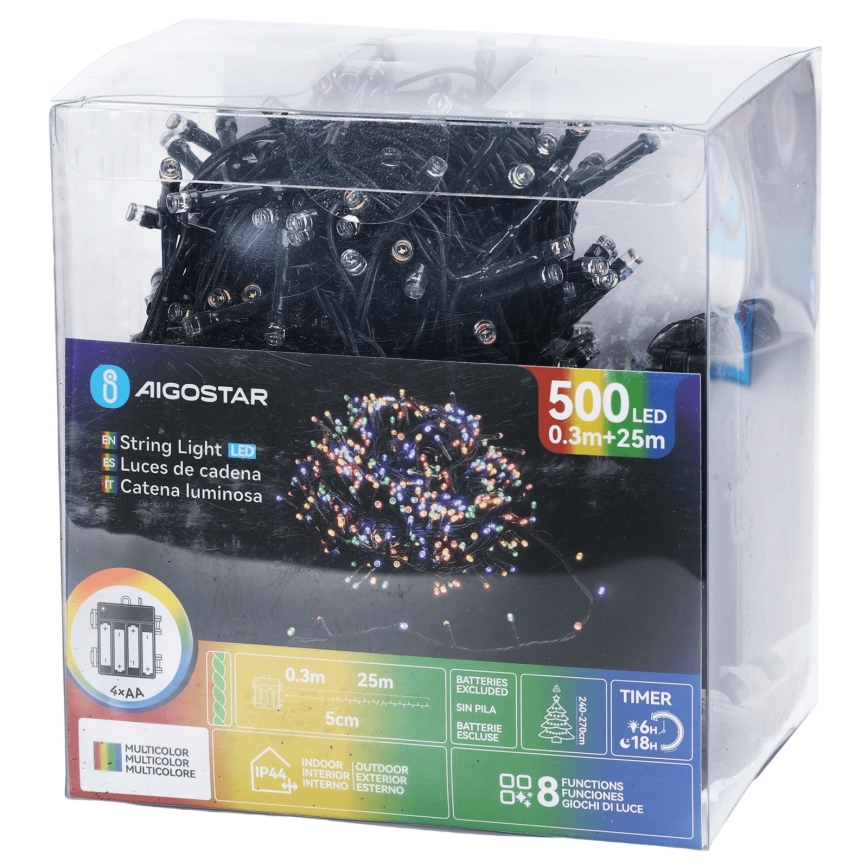Aigostar - LED γιρλάντα για εξωτερικούς χώρους, 500 LED, 8 λειτουργίες, 4xAA, 25,3 m, IP44, πολύχρωμη