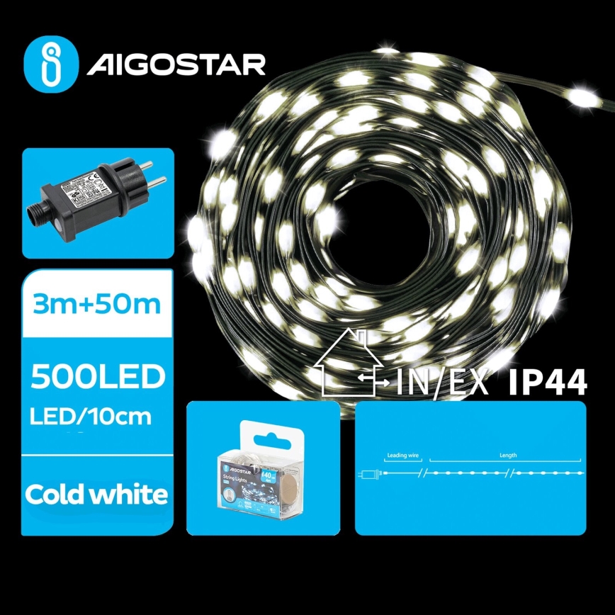 Aigostar - LED Εξωτερική χριστουγεννιάτικη γιρλάντα 500xLED/8 λειτουργίες 53m IP44 ψυχρό λευκό