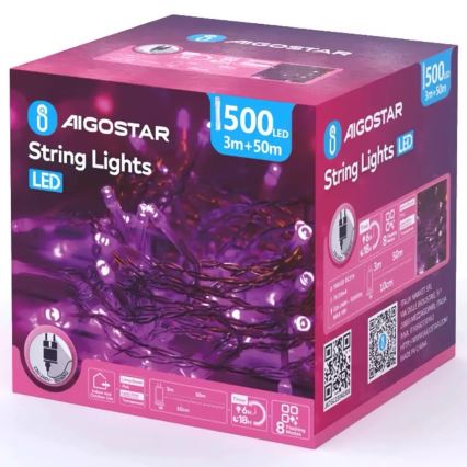 Aigostar - LED Εξωτερική Χριστουγεννιάτικη Γιρλάντα 500xLED/8 λειτουργίες 53m IP44 ροζ