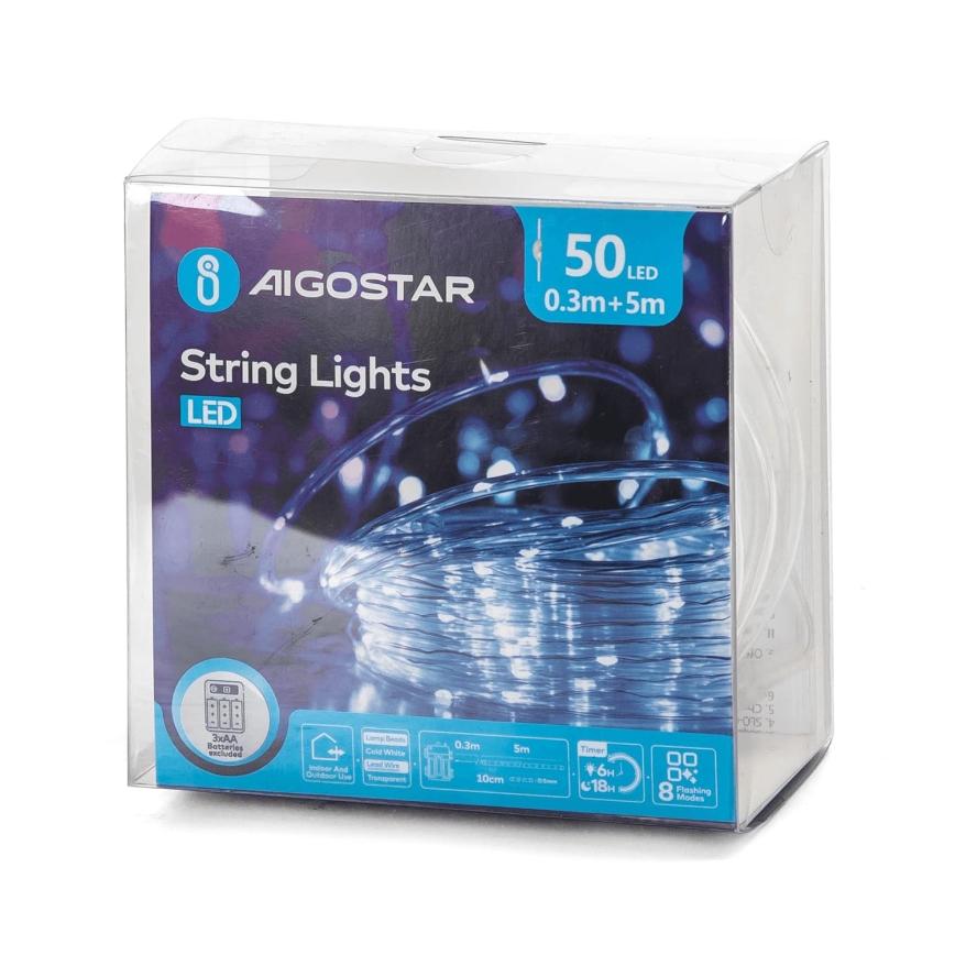 Aigostar - LED εξωτερική χριστουγεννιάτικη γιρλάντα 50xLED/8 λειτουργίες 3xAA 5,3m IP44 ψυχρό λευκό