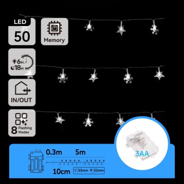 Aigostar - LED εξωτερική χριστουγεννιάτικη γιρλάντα 50xLED/8 λειτουργίες 3xAA 5 m IP44 ψυχρό λευκό