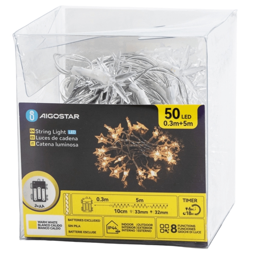 Aigostar - LED εξωτερική χριστουγεννιάτικη γιρλάντα 50xLED/8 λειτουργίες 3xAA 5m IP44 σε θερμό λευκό με αστέρια