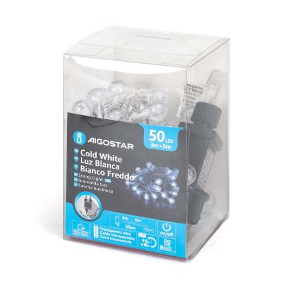 Aigostar - LED Εξωτερική Χριστουγεννιάτικη Γιρλάντα 50xLED/8 λειτουργίες 8m IP44 ψυχρό λευκό