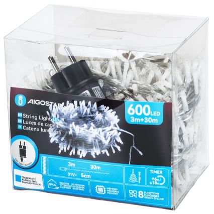 Aigostar - LED Εξωτερική Χριστουγεννιάτικη Γιρλάντα 600xLED/8 λειτουργίες 33m IP44 ψυχρό λευκό