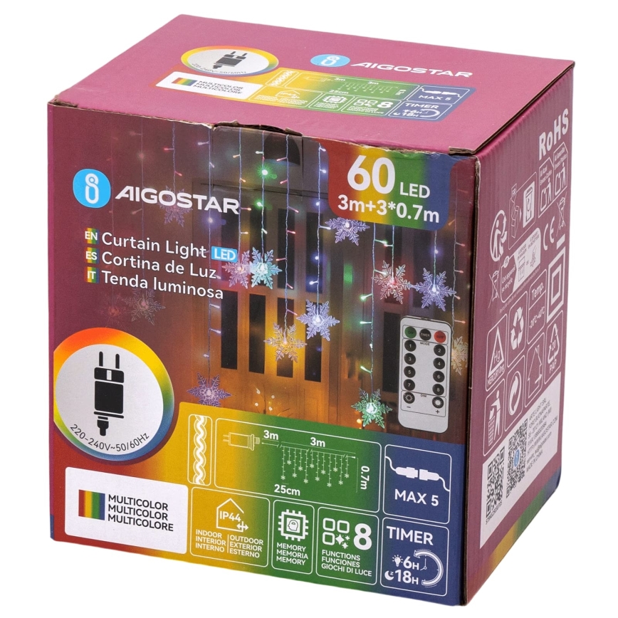 Aigostar - LED Ρυθμιζόμενη εξωτερική χριστουγεννιάτικη γιρλάντα 60xLED/8 λειτουργίες 6x0,7 m IP44 πολύχρωμη + τηλεχειριστήριο
