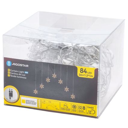 Aigostar - Χριστουγεννιάτικη εξωτερική γιρλάντα LED 84xLED/8 λειτουργίες 1,2x1 m IP44 ζεστό λευκό με νιφάδες