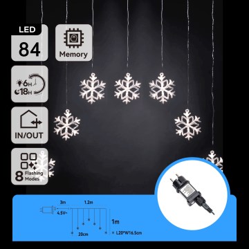 Aigostar - LED Εξωτερική χριστουγεννιάτικη γιρλάντα 84xLED/8 λειτουργίες 1,2x1m IP44 ψυχρό λευκό νιφάδες