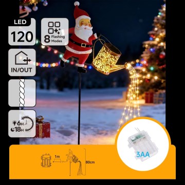 Aigostar - LED εξωτερική χριστουγεννιάτικη διακόσμηση 120xLED/3xAA/8 λειτουργιών 80 cm IP44 Santa/θερμό λευκό