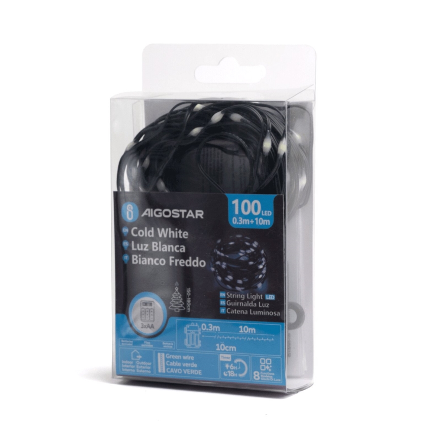 Aigostar - Εξωτερικό χριστουγεννιάτικο φωτιστικό LED 100xLED/8 λειτουργίες/3xAA 10,3μ IP44 ψυχρό λευκό