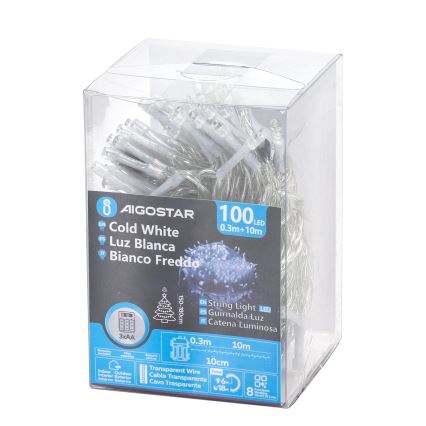 Aigostar - Εξωτερικό χριστουγεννιάτικο φωτιστικό LED 100xLED/8 λειτουργίες/3xAA 10,3μ IP44 ψυχρό λευκό
