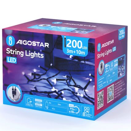 Aigostar - Εξωτερικό χριστουγεννιάτικο φωτιστικό LED 200xLED/8 λειτουργίες 13μ IP44 ψυχρό λευκό