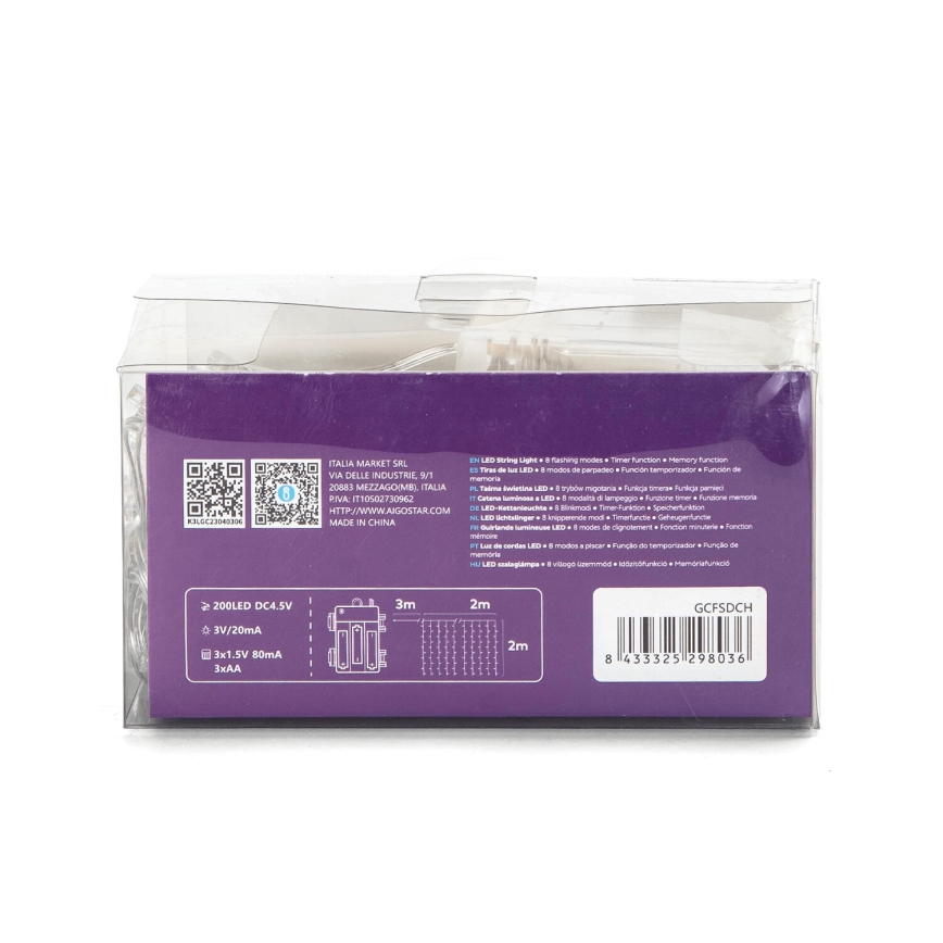 Aigostar - Εξωτερικό χριστουγεννιάτικο φωτιστικό LED 200xLED/8 λειτουργίες 3xAA 5x2m IP44 πολύχρωμο
