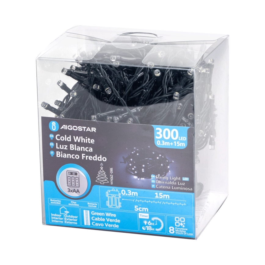 Aigostar - Εξωτερική χριστουγεννιάτικη σειρά LED 300xLED/8 λειτουργίες 15,3μ IP44 ψυχρό λευκό