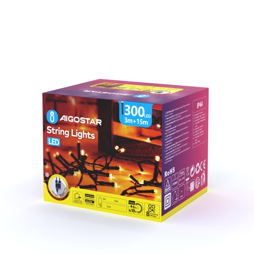 Aigostar - Εξωτερικό χριστουγεννιάτικο φωτιστικό LED 300xLED/8 λειτουργίες 18μ IP44 ζεστό λευκό