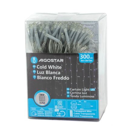 Aigostar-LED Εξωτερικό χριστουγεννιάτικο φωτιστικό αλυσίδα 300xLED/8 λειτουργίες 3xAA 6x2m IP44 ψυχρό λευκό