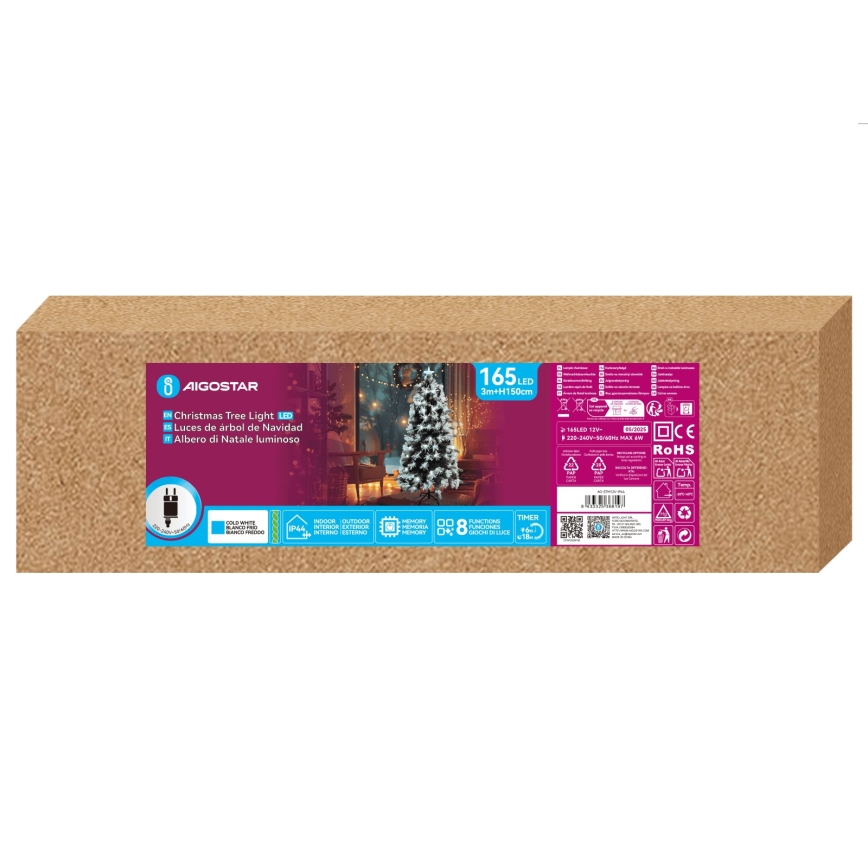 Aigostar - LED εξωτερικό χριστουγεννιάτικο δέντρο 165xLED/8 λειτουργίες 1,5 m IP44 ψυχρό λευκό
