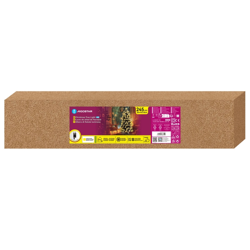 Aigostar - LED Εξωτερικό χριστουγεννιάτικο δέντρο 245xLED/8 λειτουργίες 2,1 m IP44 ζεστό λευκό