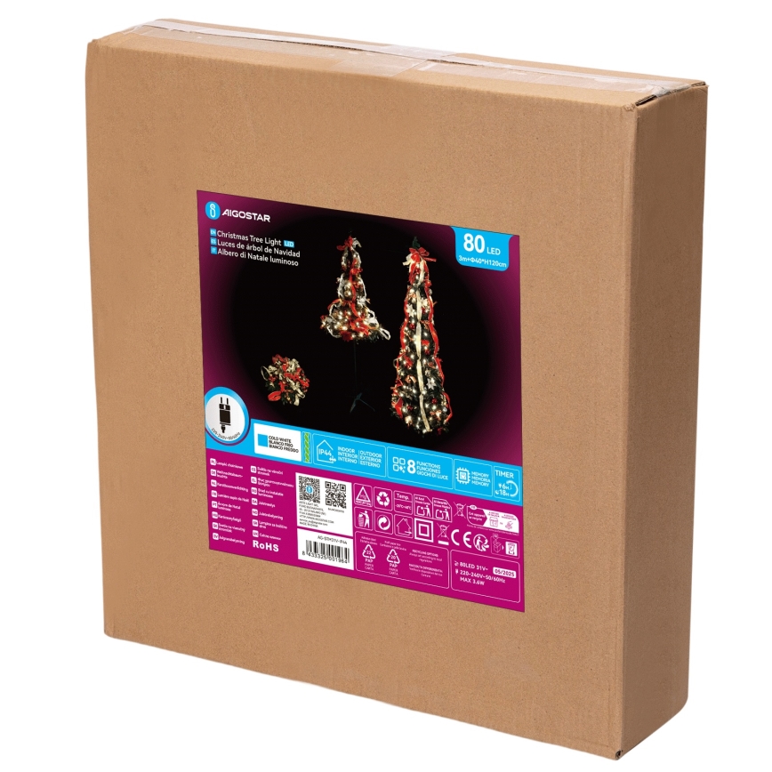 Aigostar - LED Υπαίθριο χριστουγεννιάτικο δέντρο 80xLED 1,2m IP44 κόκκινο ψυχρό λευκό