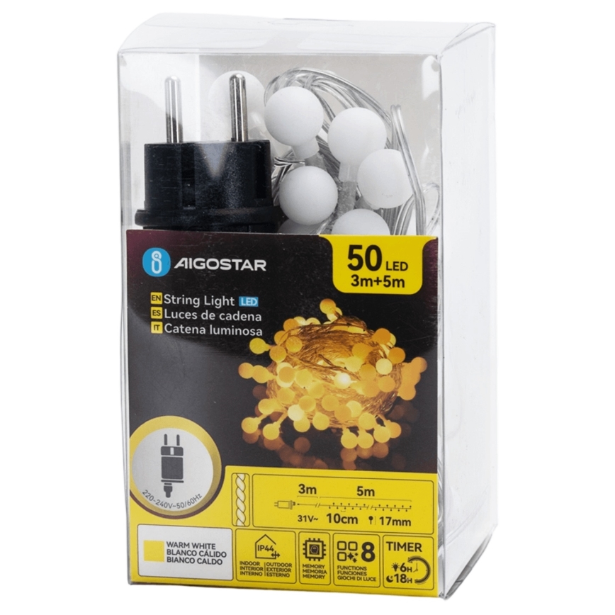 Aigostar - Υπαίθρια διακοσμητική γιρλάντα 50 LED, 8 λειτουργίες, 5 m, IP44, θερμό λευκό
