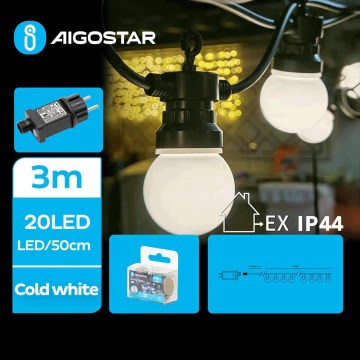 Aigostar - LED Διακοσμητικά λαμπάκια εξωτερικού χώρου 20xLED/3m IP44 ψυχρό λευκό