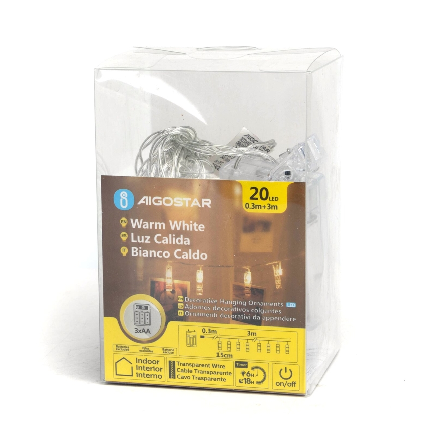 Aigostar - Διακοσμητική σειρά LED με μανταλάκια 20xLED/3xAA 3,3μ ζεστό λευκό