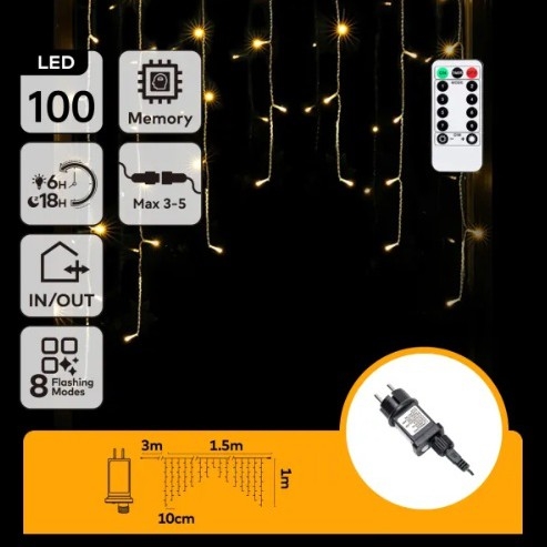Aigostar - LED Εξωτερική Χριστουγεννιάτικη γιρλάντα 100xLED/6W/230V/8 λειτουργίες 1,5x1m IP44 θερμό λευκό + τηλεχειριστήριο
