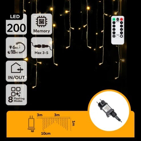 Aigostar - LED Εξωτερική Χριστουγεννιάτικη γιρλάντα 200xLED/6W/230V/8 λειτουργίες 3x1m IP44 θερμό λευκό + τηλεχειριστήριο