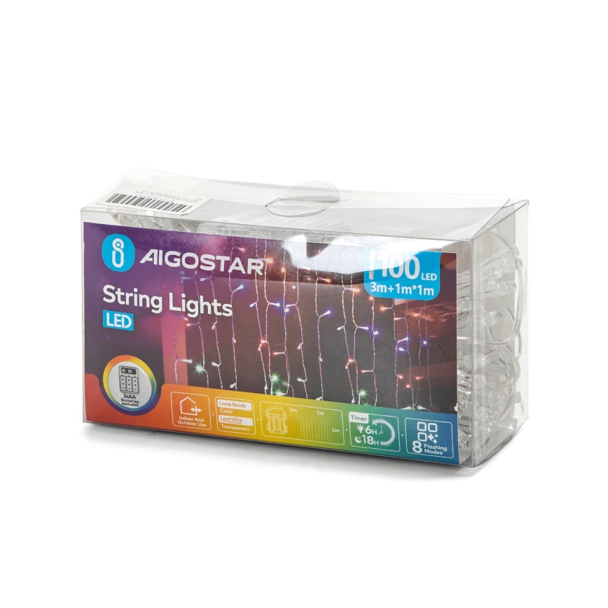 Aigostar - Εξωτερικό χριστουγεννιάτικο φωτιστικό LED με 100 LED/8 λειτουργίες 3xAA 4x1m IP44 πολύχρωμο