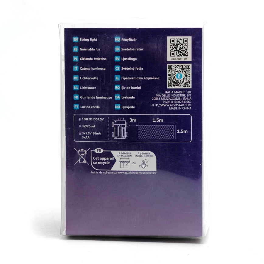 Aigostar - LED Εξωτερικό Χριστουγεννιάτικο Φωτιστικό Αλυσίδα 100xLED/8 λειτουργίες/3xAA 4,5x1,5μ IP44 ψυχρό λευκό