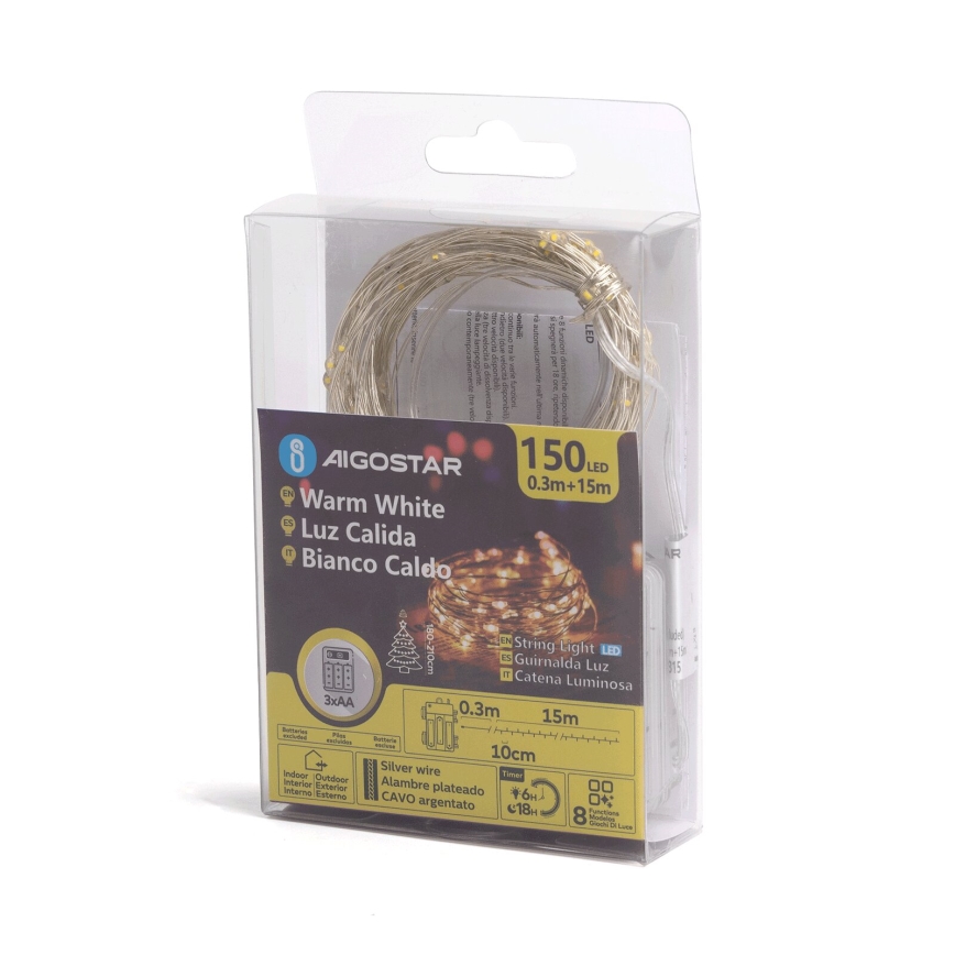 Aigostar -LED Εξωτερικό χριστουγεννιάτικο φωτιστικό αλυσίδα 150xLED/8 λειτουργίες 3xAA 15,3μ IP44 ζεστό λευκό