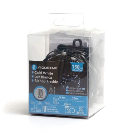 Aigostar - Εξωτερικό χριστουγεννιάτικο φωτιστικό LED 150xLED/8 λειτουργίες/3xAA 15,3μ IP44 ψυχρό λευκό