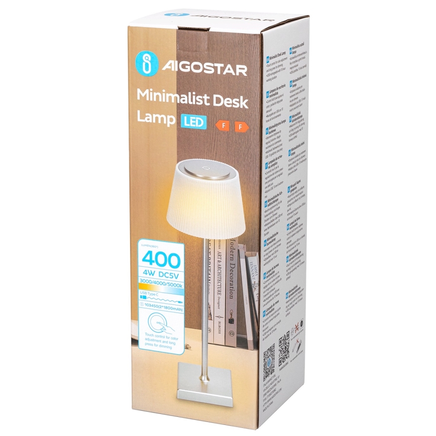 Aigostar - LED Dimmable επαναφορτιζόμενο επιτραπέζιο φωτιστικό εξωτερικού χώρου LED/4W/5V 3600mAh λευκό/ματ χρώμιο IP54