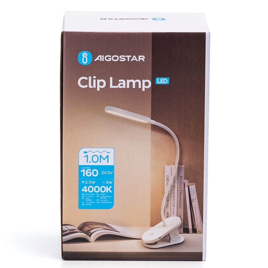 Aigostar - LED Επαναφορτιζόμενη επιτραπέζια λάμπα dimming με κλιπ LED/2,5W/5V 1200mAh λευκό